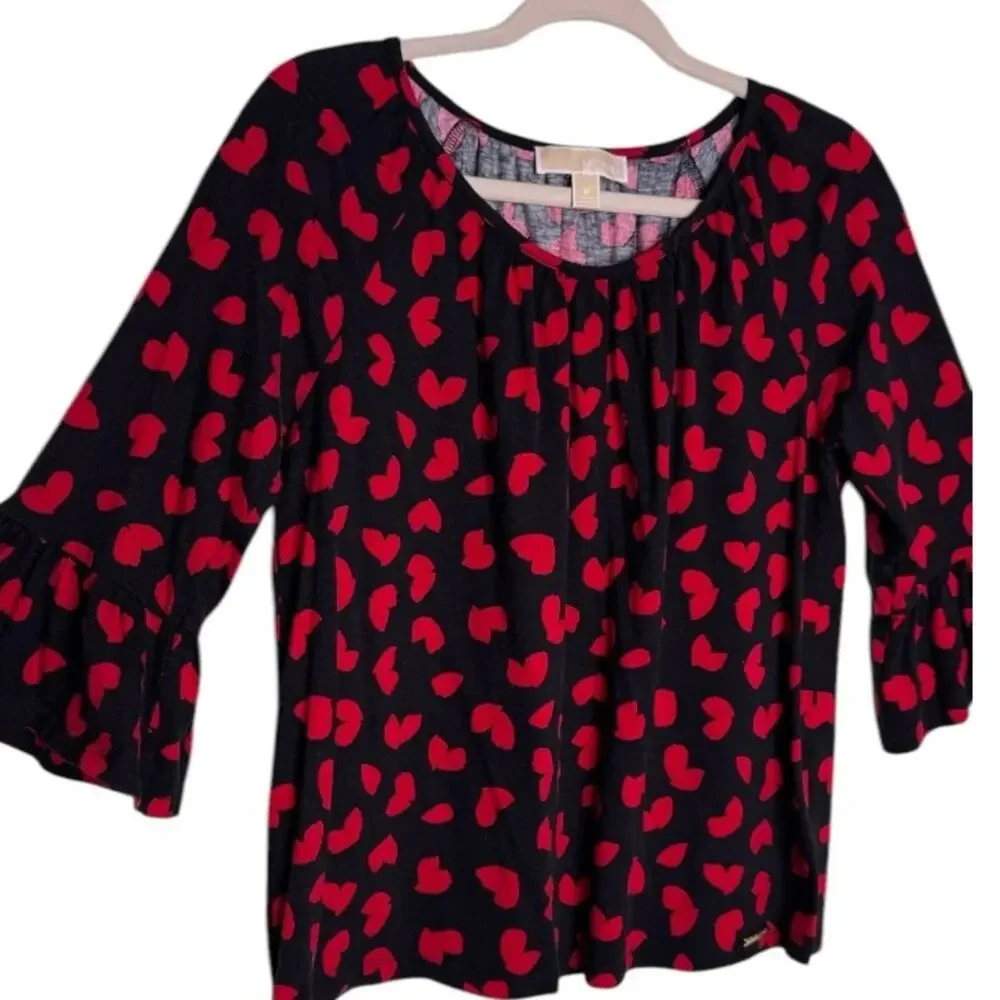 MICHAEL KORS Red Hearts and Bell Sleeves Black Top Size Medium